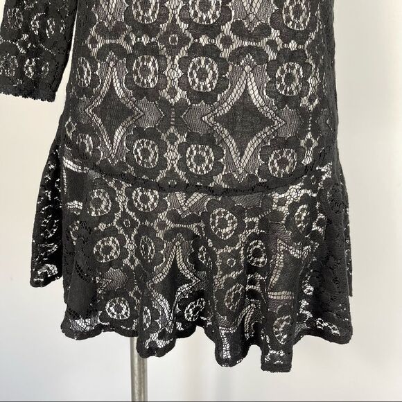 Free People Walking to the Sun Black Lace Mini Dress 0 Ruffle Sheer Tunic Top - Picture 12 of 16